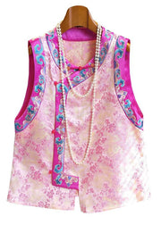 Vintage Pink Embroideried Patchwork Silk Vest Tops Sleeveless