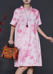 Vintage Pink Mandarin Collar Print Silk Dresses Summer