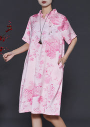 Vintage Pink Mandarin Collar Print Silk Dresses Summer