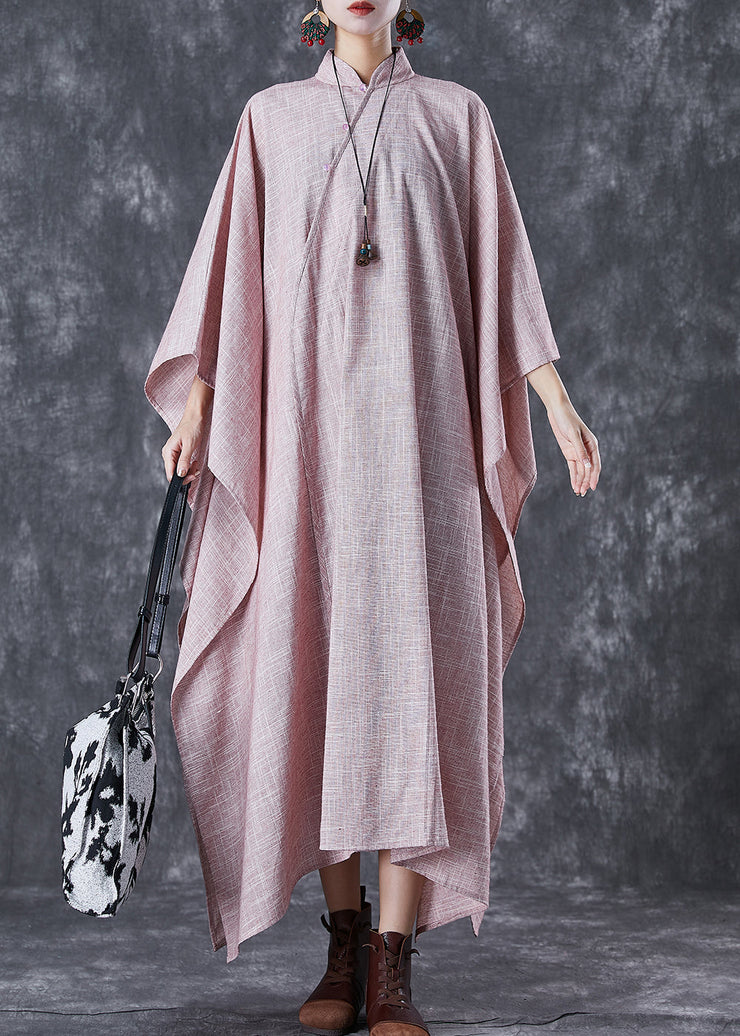 Vintage Pink Oversized Chinese Style Linen Dresses Batwing Sleeve