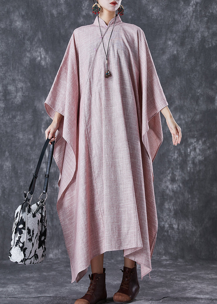 Vintage Pink Oversized Chinese Style Linen Dresses Batwing Sleeve