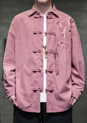 Vintage Pink Peter Pan Collar Embroideried Corduroy Men Coats Long Sleeve