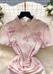 Vintage Pink Print Cotton Cheongsam Dress Summer