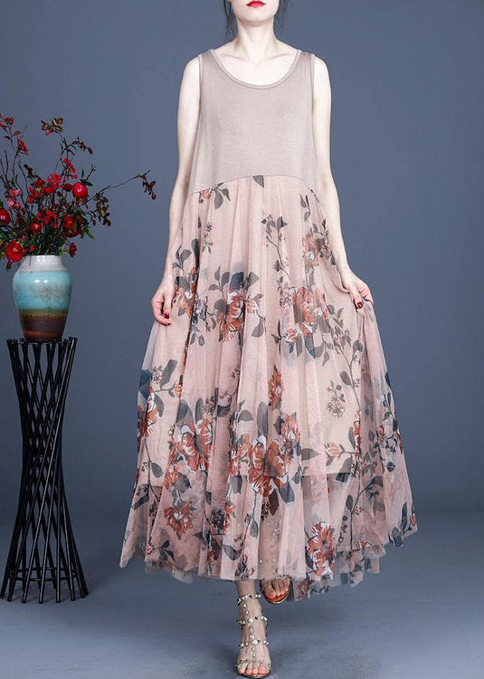 Vintage Pink Print Lace Dress O-Neck Sleeveless Summer Dresses