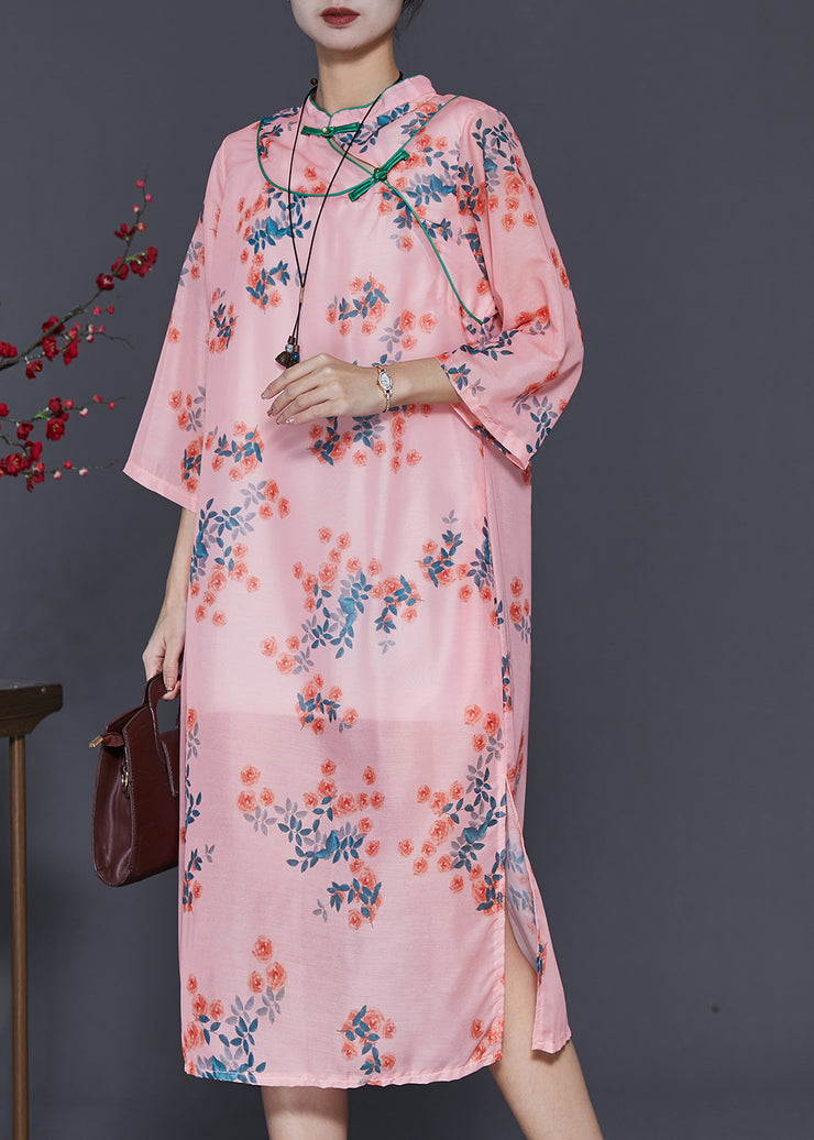 Vintage Pink Print Oriental Linen Holiday Dress Summer