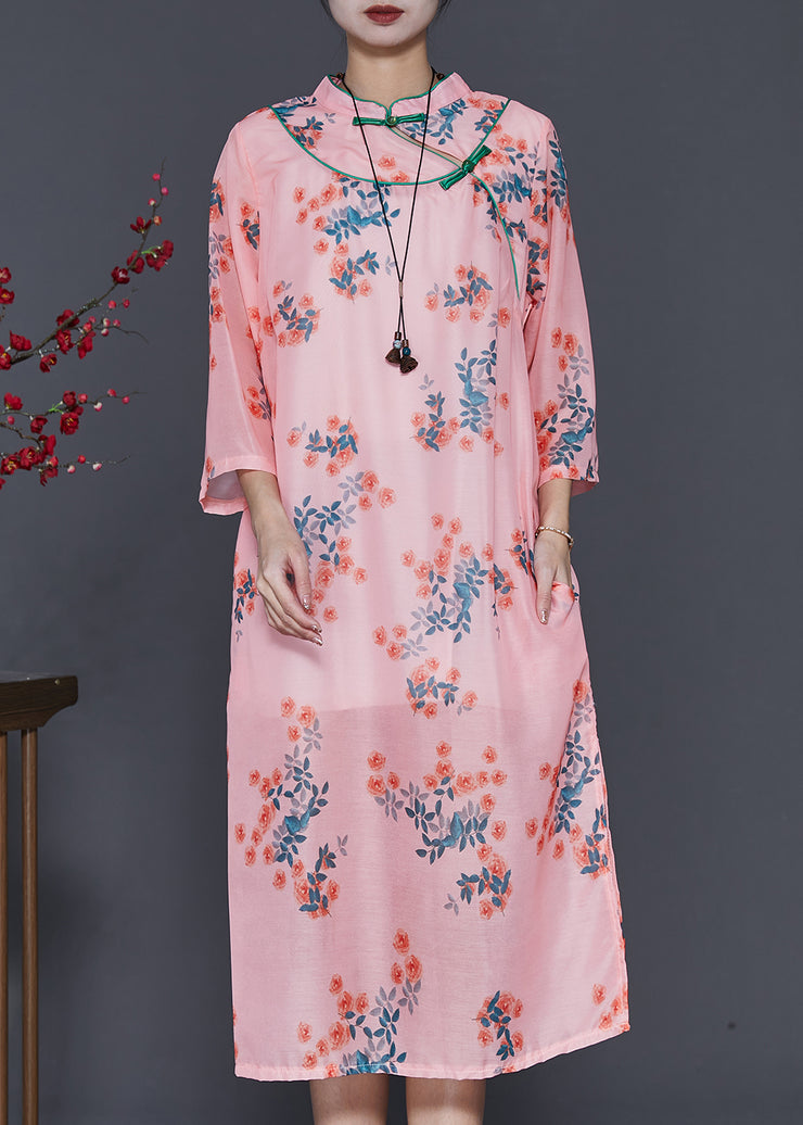 Vintage Pink Print Oriental Linen Holiday Dress Summer