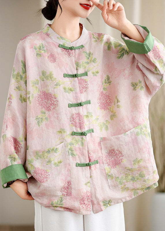 Vintage Pink Print Pockets Chinese Button Linen Blouse Top Spring