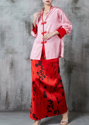 Vintage Pink Print Silk Oriental Two Pieces Set Spring