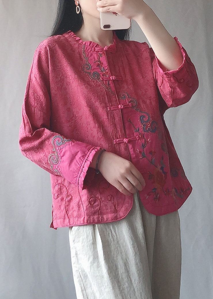 Vintage Pink Ruffled Embroideried Chinese Button Cotton Short Coat Spring