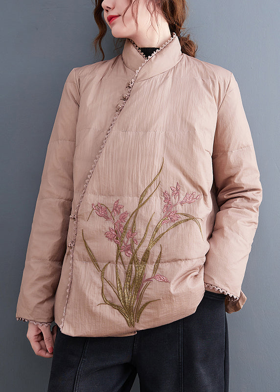 Vintage Pink Stand Collar Embroideried Fine Cotton Filled Jackets Winter