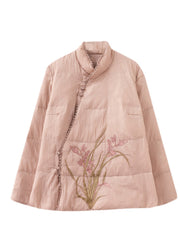 Vintage Pink Stand Collar Embroideried Fine Cotton Filled Jackets Winter