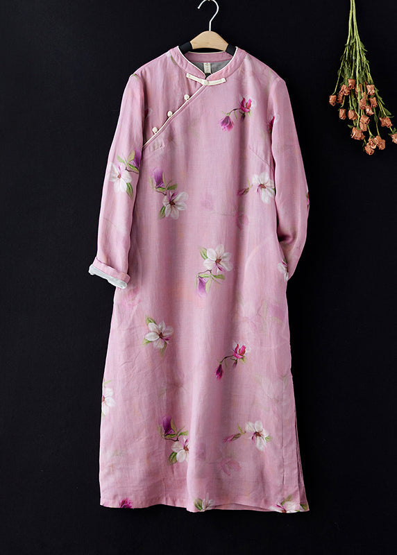 Vintage Pink Stand Collar Print Side Open Warm Fleece Dress Spring