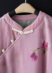 Vintage Pink Stand Collar Print Side Open Warm Fleece Dress Spring