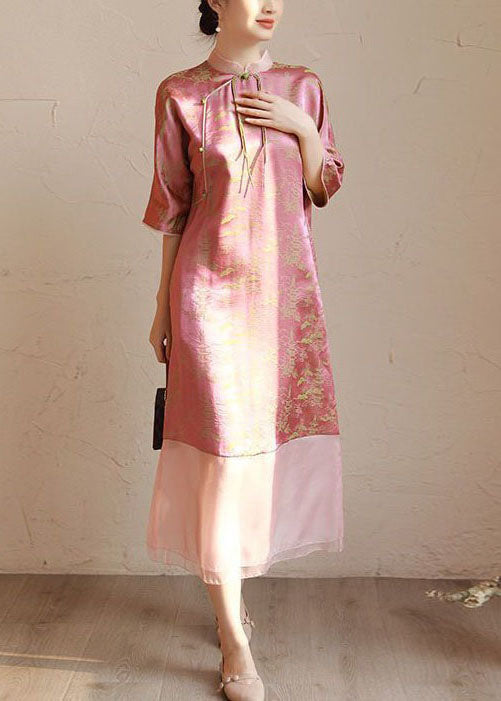 Vintage Pink Stand Collar Tasseled Print Patchwork Silk Long Dress Summer