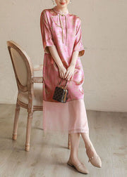 Vintage Pink Stand Collar Tasseled Print Patchwork Silk Long Dress Summer