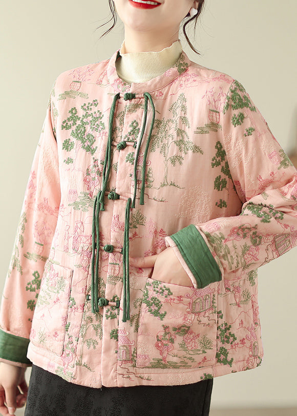 Vintage Pink Tasseled Embroideried Pockets Fine Cotton Filled Jacket Winter