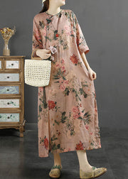 Vintage Pink Tasseled Print Patchwork Linen Dresses Summer