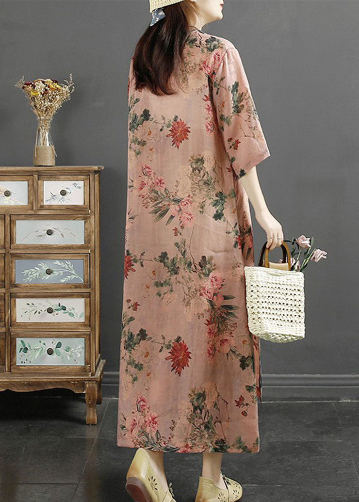 Vintage Pink Tasseled Print Patchwork Linen Dresses Summer