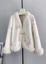 Vintage Pink V Neck Embroidered Fox Fur Mink Cashmere Coat Winter