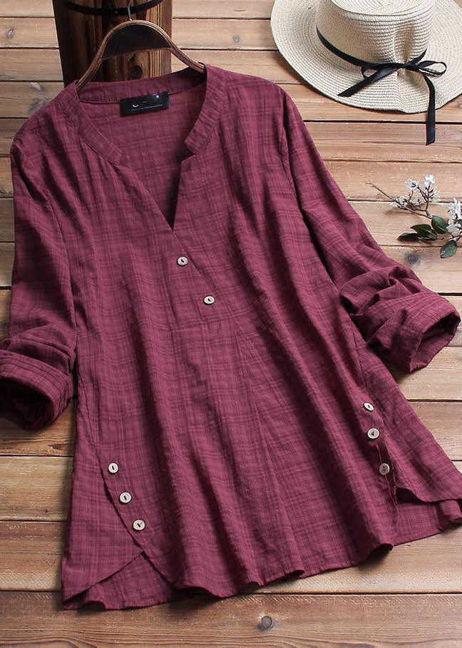 Vintage Plaid Side Button V-neck Long Sleeve Plus Size Shirt Blouse