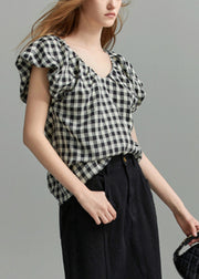 Vintage Plus Size Black V Neck Plaid Shirt Short Sleeve