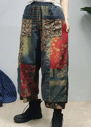 Vintage Pockets Print Elastic Waist Cotton Wide Leg Pants Fall