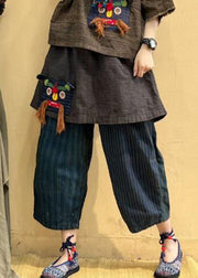 Vintage Pockets Striped Tassel Elastic Waist Linen Crop Pants Fall