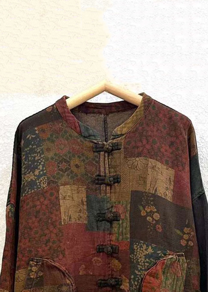 Vintage Print Button Patchwork Cotton Coat Long Sleeve