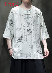 Vintage Print Chinese Button Cotton Men Moisture Wicking T Shirts Summer