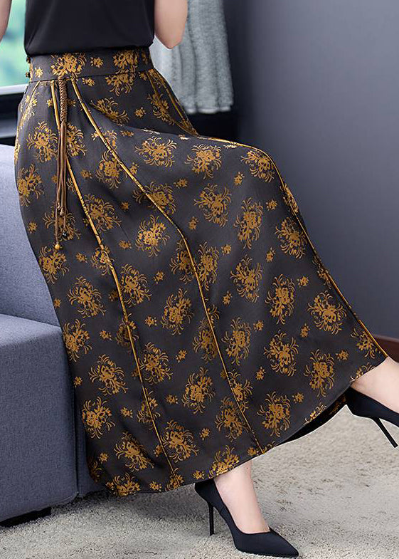 Vintage Print High Waist Tie Waist Pockets Silk A Line Skirt Fall