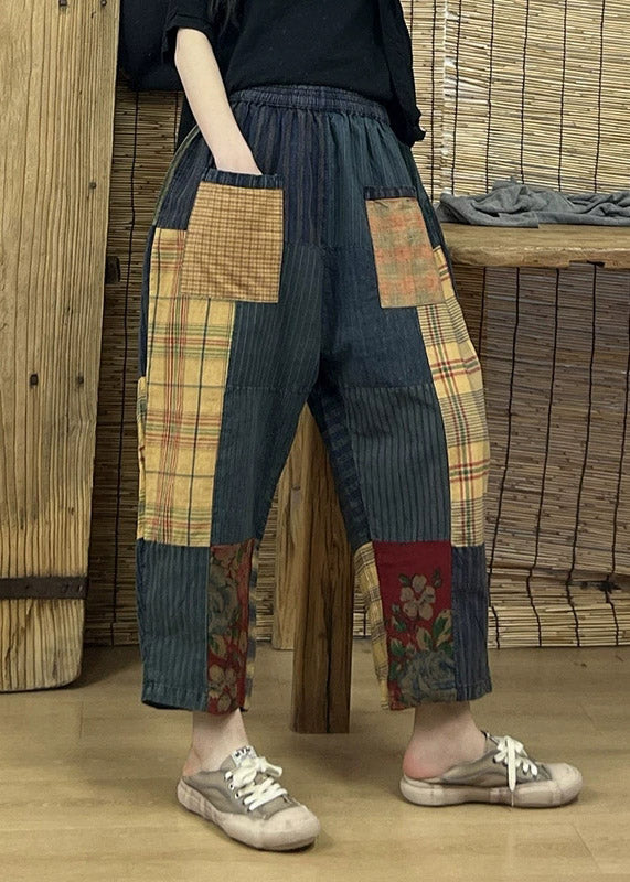 Vintage Print Patchwork Plaid Old Beam Pants Summer