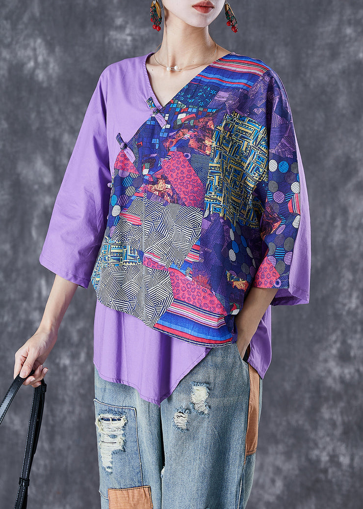 Vintage Purple Asymmetrical Print Linen Shirt Tops Summer