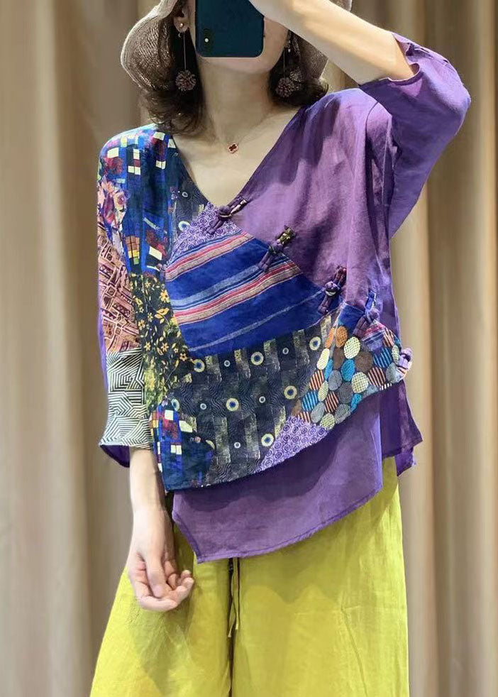 Vintage Purple Chinese Button Print Patchwork Cotton Shirt Tops Summer