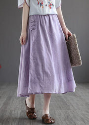 Vintage Purple Elastic Waist Embroideried Linen Skirt Spring