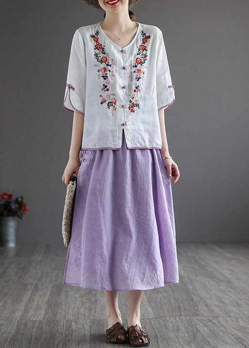 Vintage Purple Elastic Waist Embroideried Linen Skirt Spring