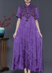 Vintage Purple Embroidered Jacquard Silk Vacation Dresses Summer