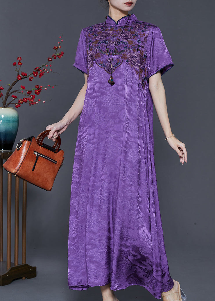 Vintage Purple Embroidered Jacquard Silk Vacation Dresses Summer