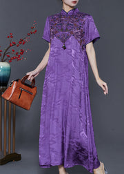 Vintage Purple Embroidered Jacquard Silk Vacation Dresses Summer