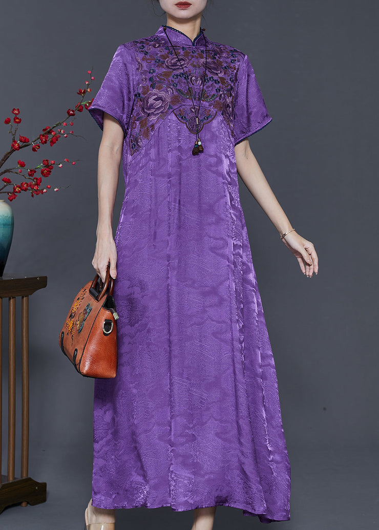 Vintage Purple Embroidered Jacquard Silk Vacation Dresses Summer