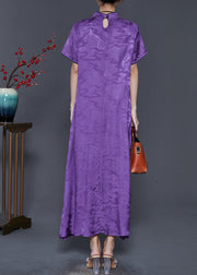 Vintage Purple Embroidered Jacquard Silk Vacation Dresses Summer