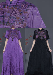 Vintage Purple Embroidered Jacquard Silk Vacation Dresses Summer