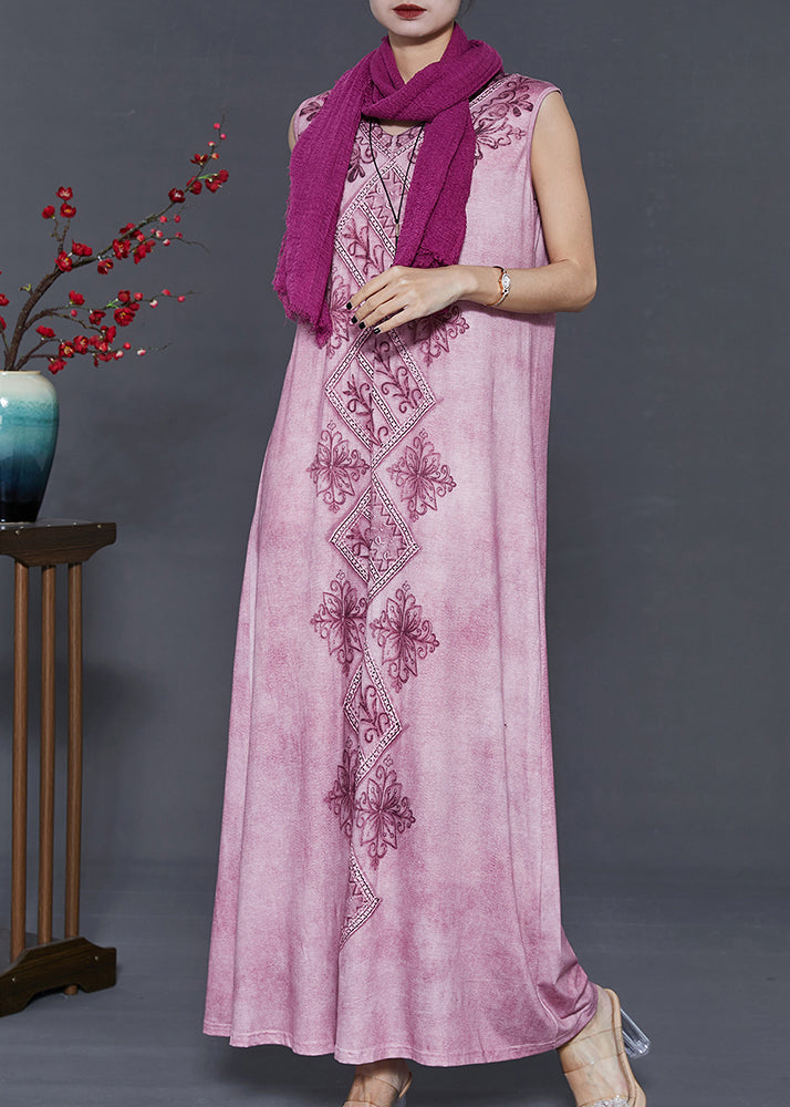 Vintage Purple Embroidered Tie Dye Cotton Dress Sleeveless