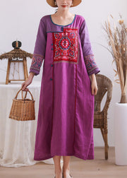 Vintage Purple Embroidered Chinese Button Patchwork Linen Long Dresses Summer