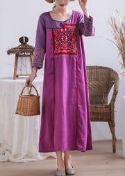 Vintage Purple Embroidered Chinese Button Patchwork Linen Long Dresses Summer