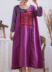 Vintage Purple Embroideried Chinese Button Patchwork Linen Long Dresses Summer