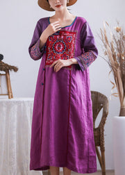 Vintage Purple Embroidered Chinese Button Patchwork Linen Long Dresses Summer