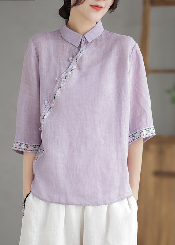 Vintage Purple Embroideried Linen Shirt Half Sleeve