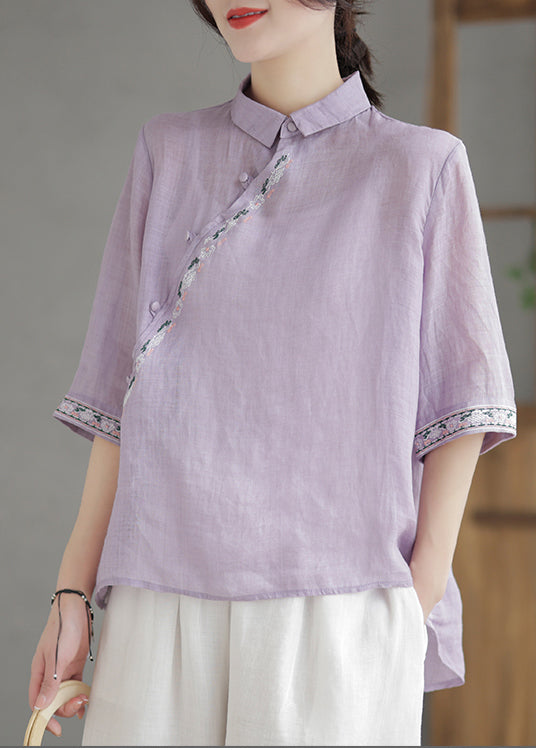 Vintage Purple Embroideried Linen Shirt Half Sleeve