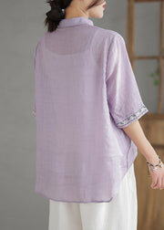 Vintage Purple Embroideried Linen Shirt Half Sleeve