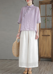 Vintage Purple Embroideried Linen Shirt Half Sleeve